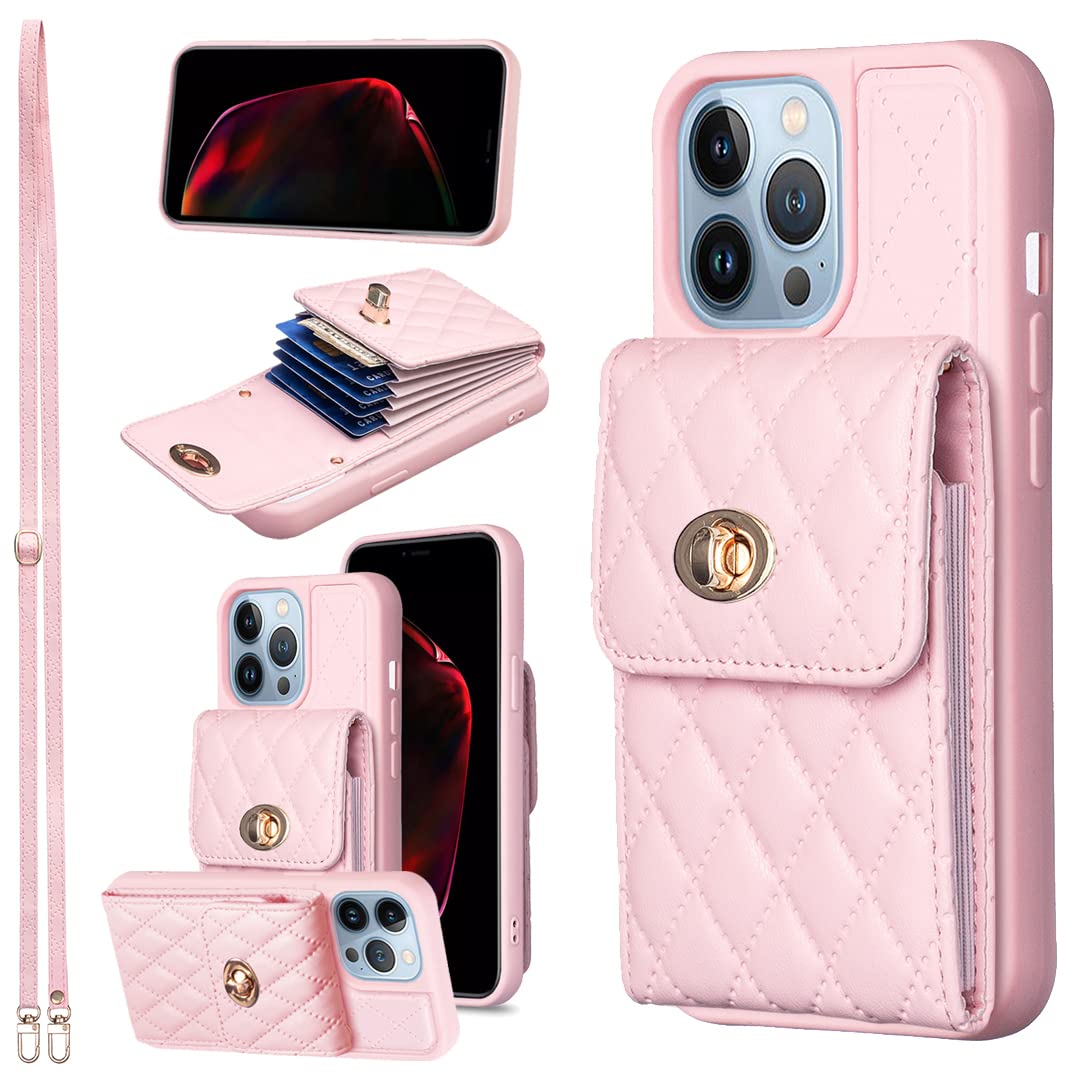 Asuwish Phone Case for iPhone 13 Pro 6.1 inch Wallet Cover with Credit Card Holder Slot Shoulder Crossbody Strap Long Lanyard Leather Cell iPhone13Pro 5G i i-Phone i13 iPhone13 13Pro Women Girls Pink