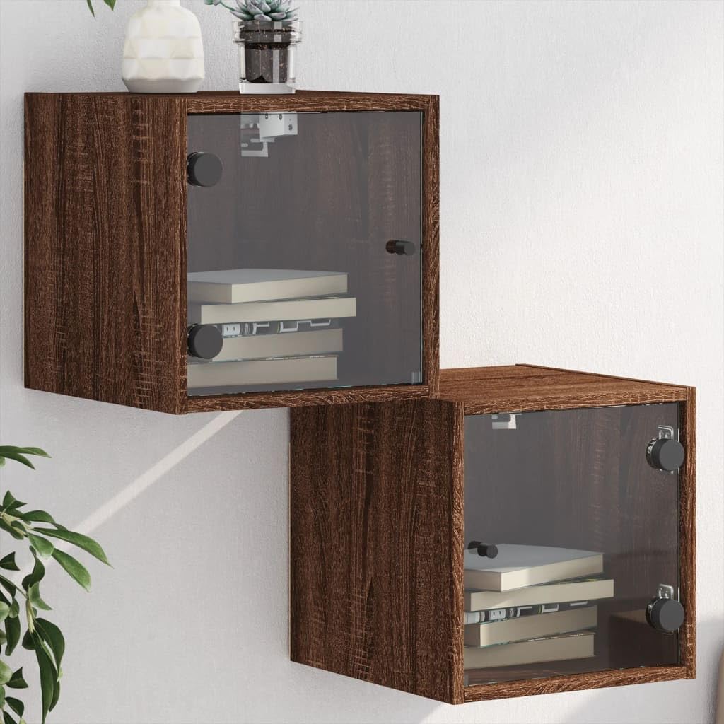 Mesillas de noche con puertas de cristal, 2 unidades, aspecto de roble marrón, 35 x 37 x 35 cm, mesita de noche para dormitorio, mesa auxiliar moderna para salón, dormitorio, estudio