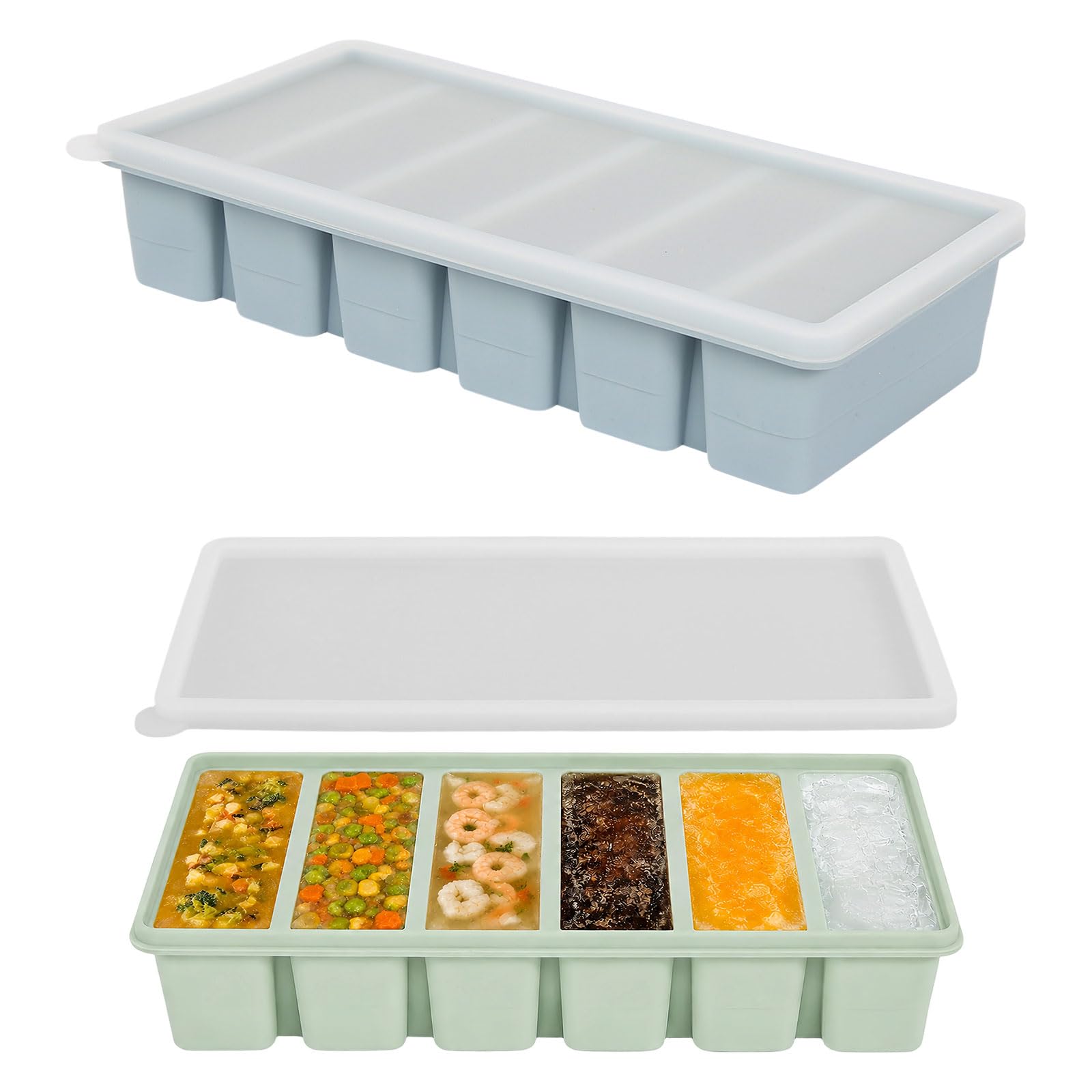 DELAESI Soup Freezer Containers 2 Pack Silicone Freezer Tray 6 Grids Silicone Freezer Moulds with Lids Ice Cube Tray Ice Trays for Freezer Soupe Broth Sauce