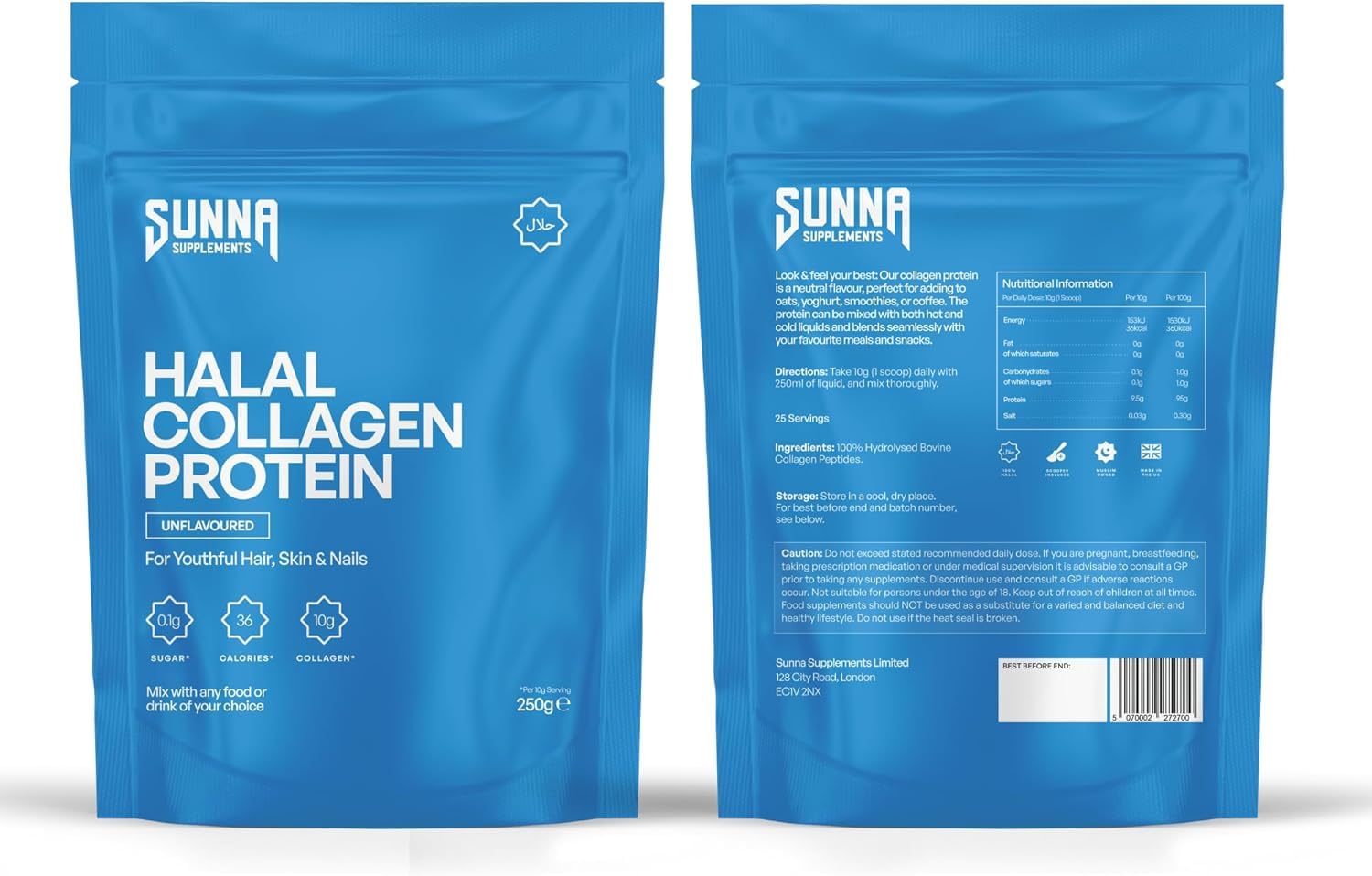 SUNNA SUPPLEMENTS - Polvere proteica di collagene bovino halal per capelli, pelle, unghie, articolazioni e molto altro ancora! Adatto per uomini e donne