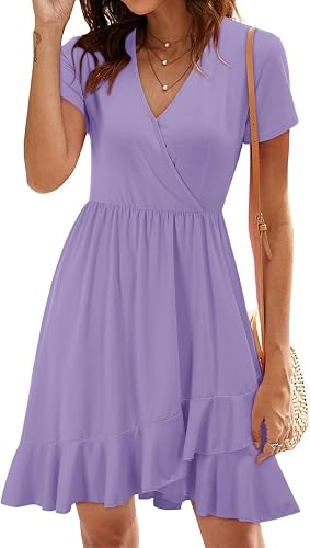 ULTRANICE Women Spring Summer Dress Casual Short Sleeve V Neck Flowy Wrap Dresse