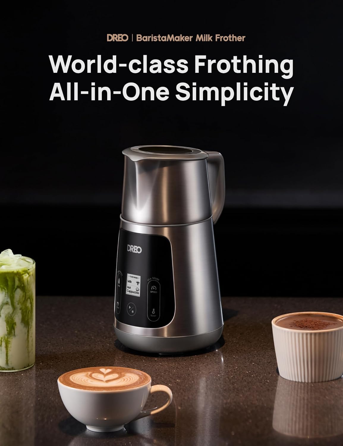 DREO All-in-1 Milk Frother, Electric Foam Frother for Latte Art Microfoam and Coffee, 15oz/450ml Automatic Milk Warmer with 30 Drinks, Dishwasher Safe, Dairy/Plant-Based Milk