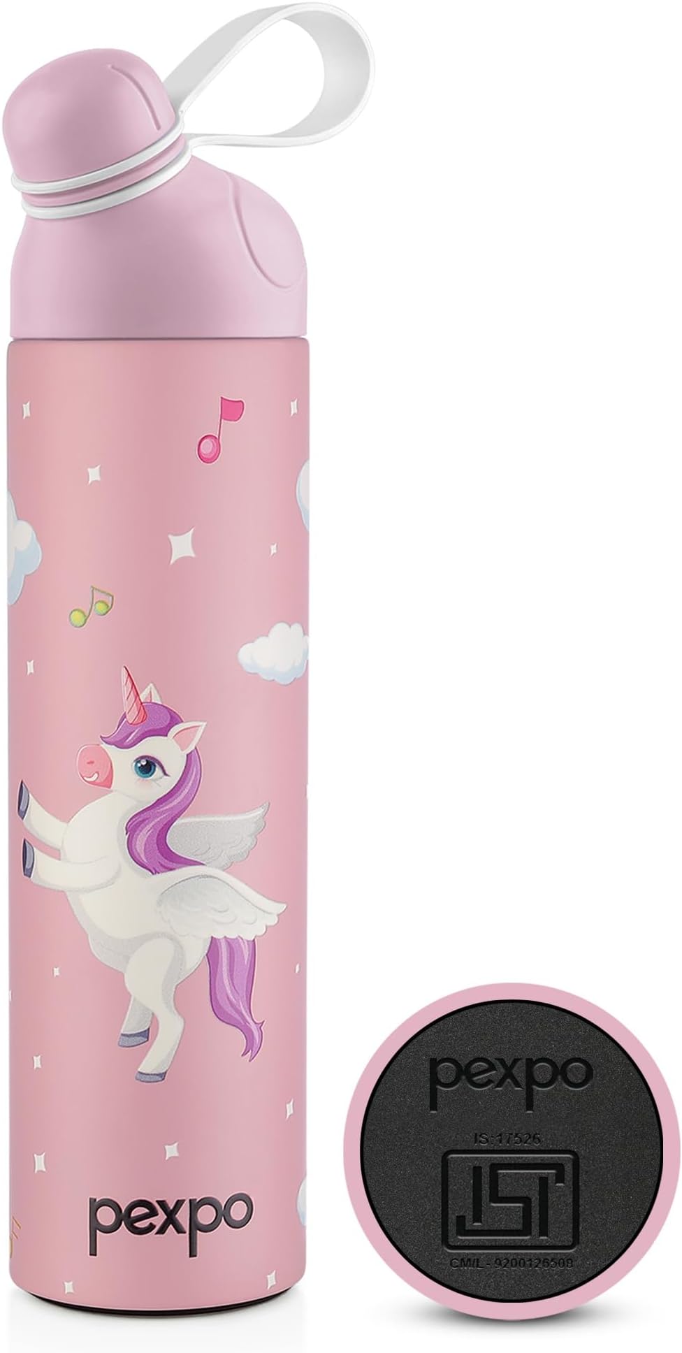 PEXPO Water Bottle for School Kids, ISI Certified Stainless Steel Sipper Bottle for Kids 470ml | Hot & Cold Thermos Insulated Water Bottle|6+ Years Kids|Pico 500 - Pink - Unicorn