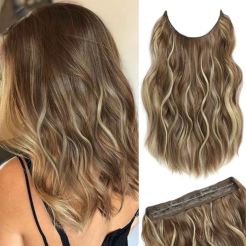 Invisible Wire Hair Extension Brown with Golden Highlights,12 Inch Wavy Synthetic Halo Hairpieces for Women Natural Volume for Everyday Wear Party & Wedding