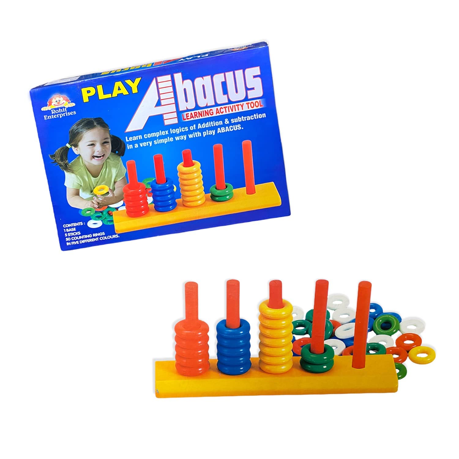 Veer Enterprises Play Abacus Learning Activity Tool for 3+ Years Kids | Ring Toss Game for Childrens | Best Gift for Boys and Girls | Learn Complex Logics of Addition and Subtraction with Abacus | 1 Base, 5 Sticks, 50 Counting Rings in Five Different Colors - Multi Color
