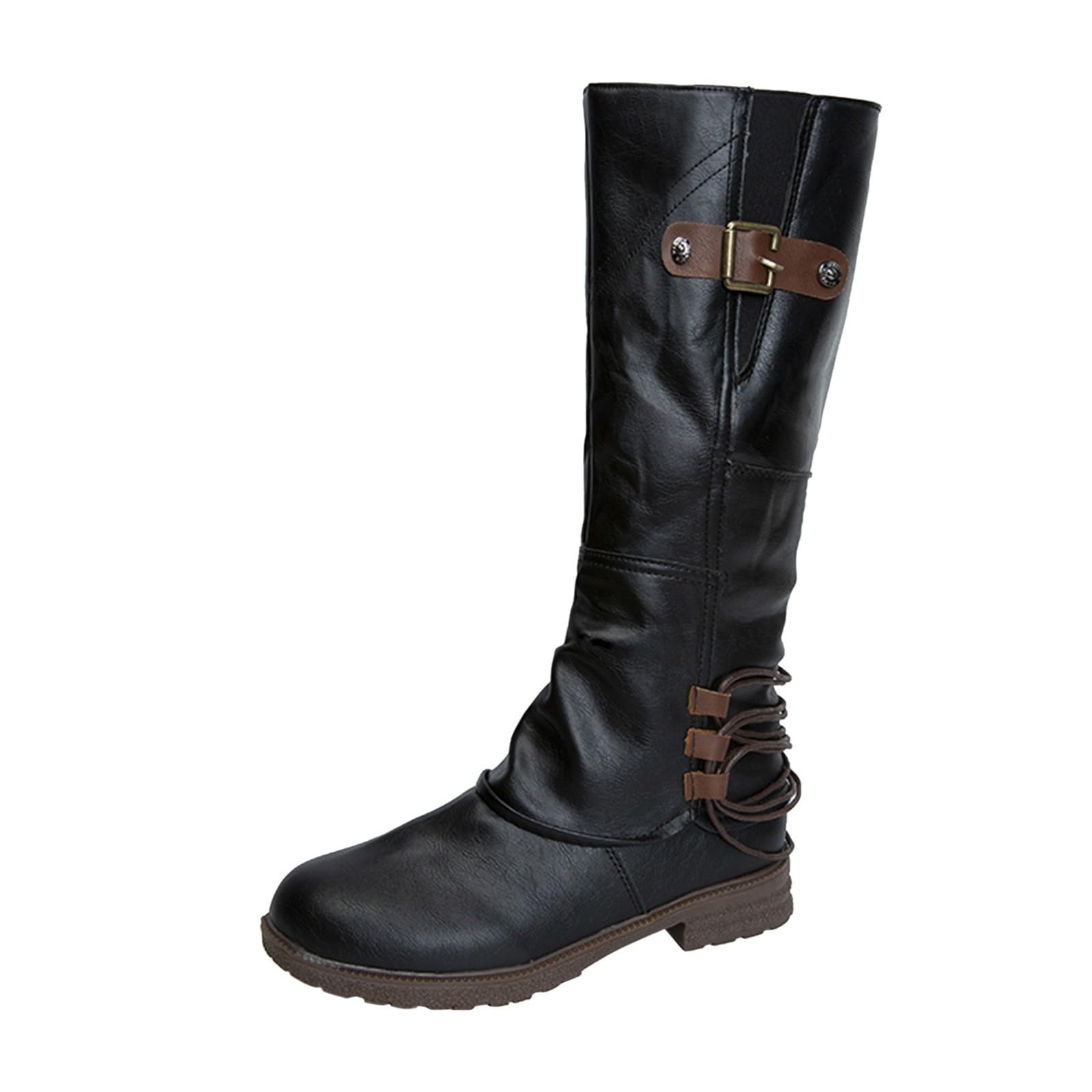 Generisch 2026 Botas retro de altura media con cremallera lateral con correa de hebilla. Botines clásicos de montar con tacón grueso para atuendos casuales
