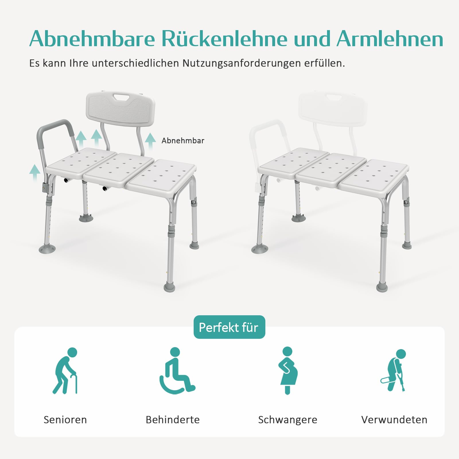 EMKE Taburete de Ducha para Seniors con reposabrazos y Respaldo, Altura Regulable, hasta 125 kg, Color Blanco