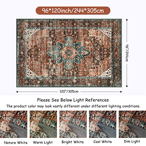Moynesa 8x10 Ultra-Thin Vintage Area Rug - Oriental Print for Bedroom, Living Room, Under Table, Office, Entryway - Brick Red/Dull Teal
