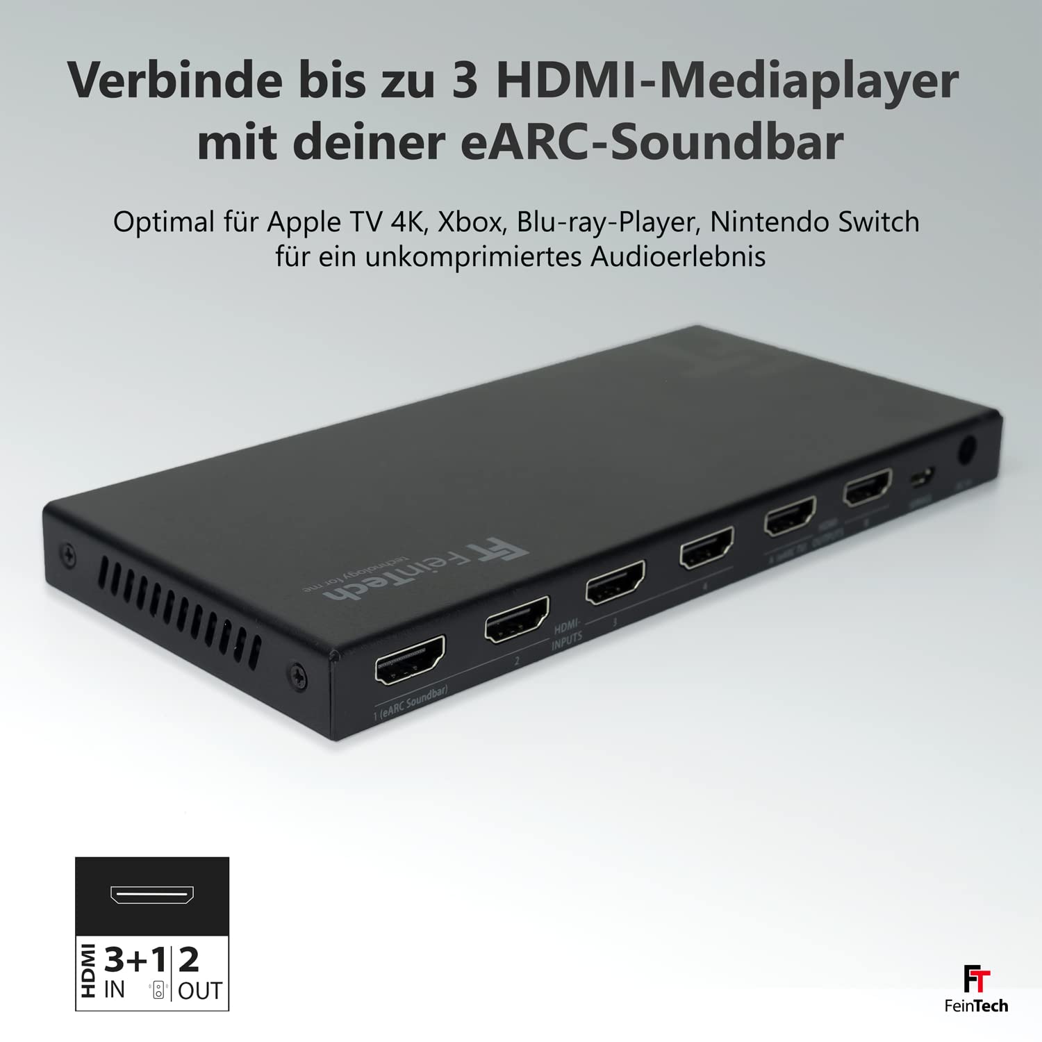 FeinTech VAX04201 HDMI eARC Pass Matrix Switch 4x2 für Soundbar und 2 Displays 4K 60Hz Dolby Vision Atmos