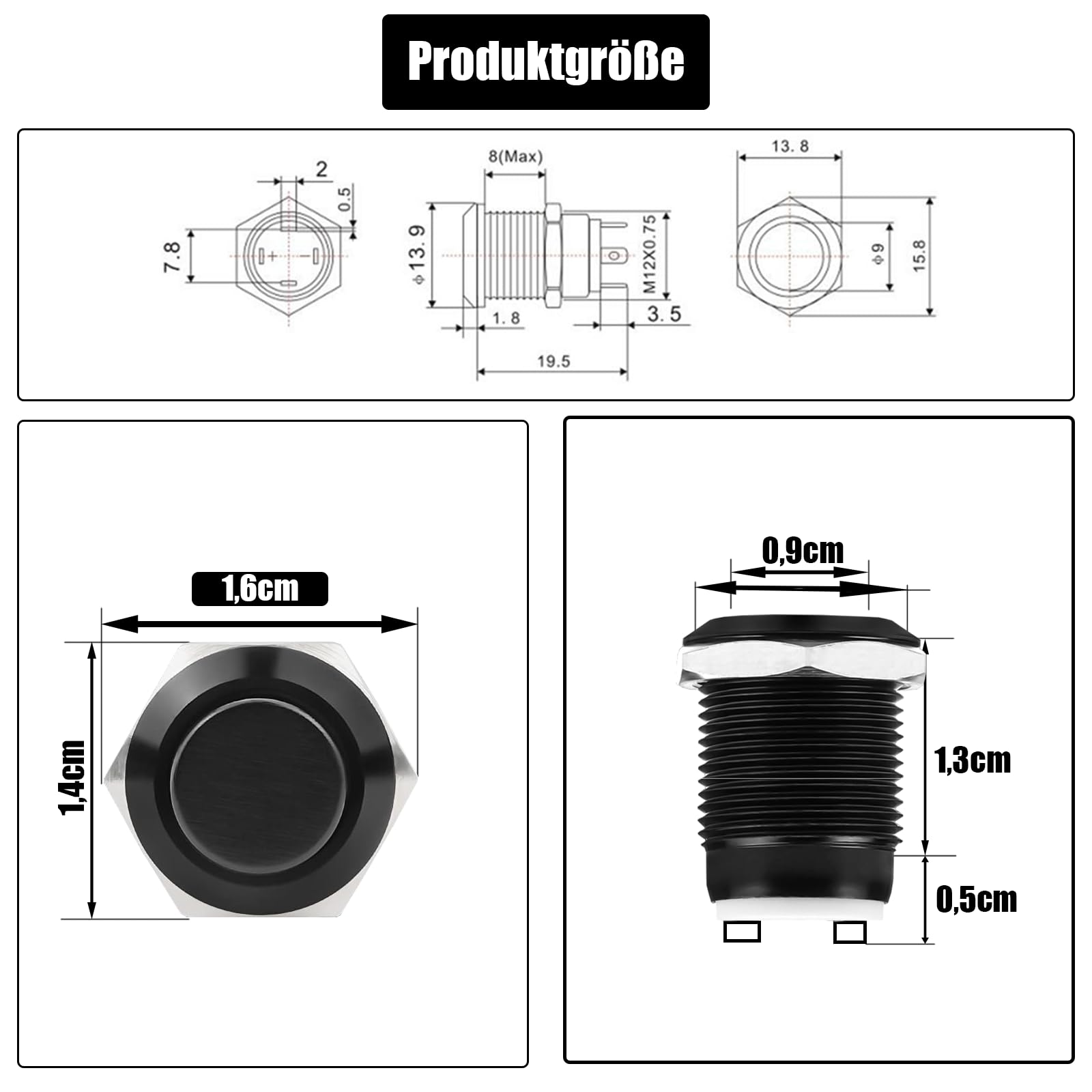 Powice Wodoszczelny przełącznik, 4 x 12 mm, 12 V, wodoszczelny, przełącznik chwilowy, przełącznik ciśnieniowy, przycisk 1 A/6 V/12 V/24 V, odpowiedni do klaksonów, dzwonków samochodowych, itp., z