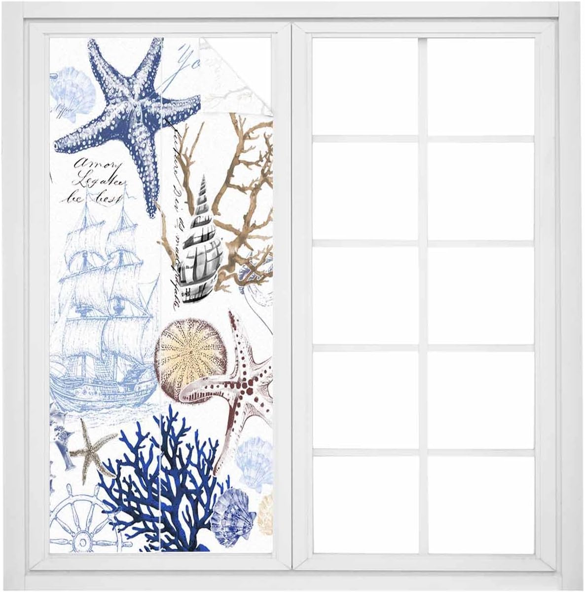 Window Privacy Film Frosted, Blue Brown Coastal Reusable Frosted Window Coverings, Summer Beach Nautical Coral Starfish Sun Blocking Windows Stickers for Kitchen Front Door, 23.6 x 59 Inches