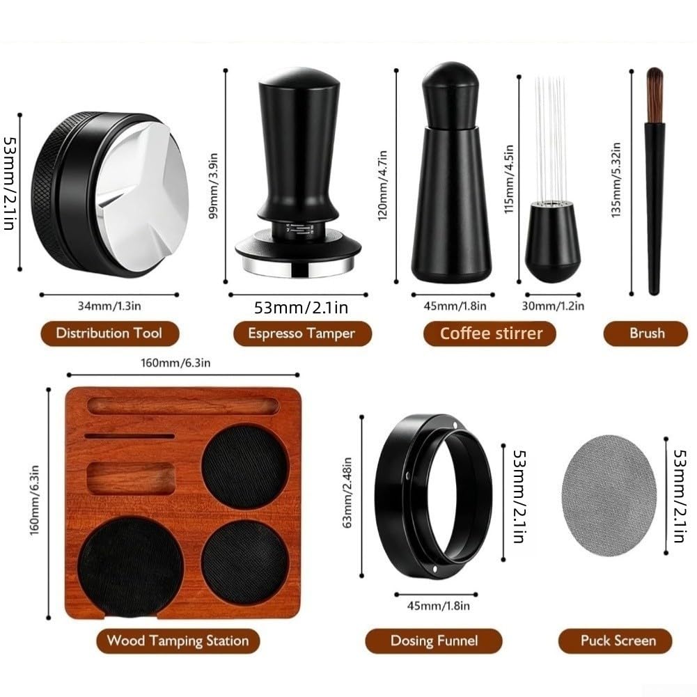 Kit para barista 53mm con Tamper y Distribuidor - Juego para accesorios Café para espresso para acero Inoxidable para madera para Hogar Cafetería