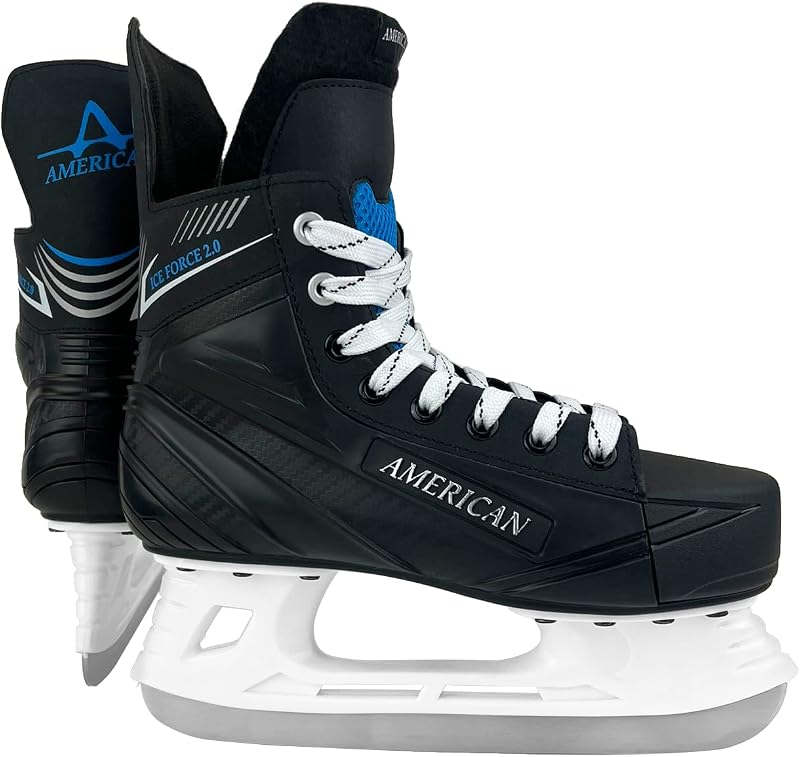 American Athletic Ice Force Patines de hockey para hombres – Patines de hielo ligeros con soporte de tobillo reforzado, forro resistente a la humedad, hoja de acero inoxidable – Uso recreativo en interiores y exteriores