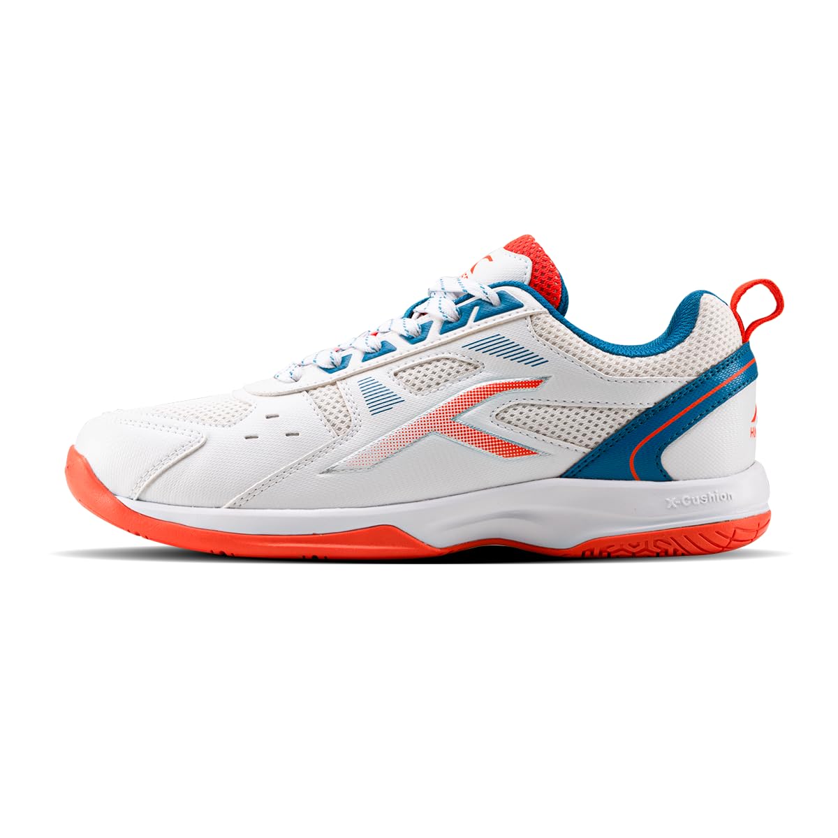 Raze Badminton Shoes (Non Marking) | Also Perfect for Squash, Table Tennis, & Indoor Sports | Lightweight & Durable | X-Cushion, Active Grip Sole (White/Orange/Deep Sea Blue ; 8 UK)