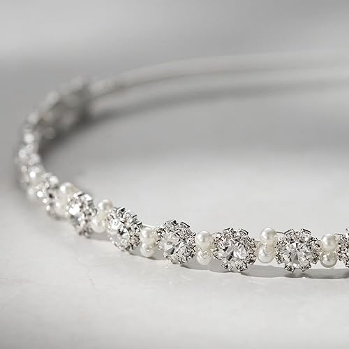 Miniatura 6 de SWEETV Diadema plateada para niña de flores, diadema para boda, diadema floral de princesa, accesorio para el cabello para cumpleaños, primera