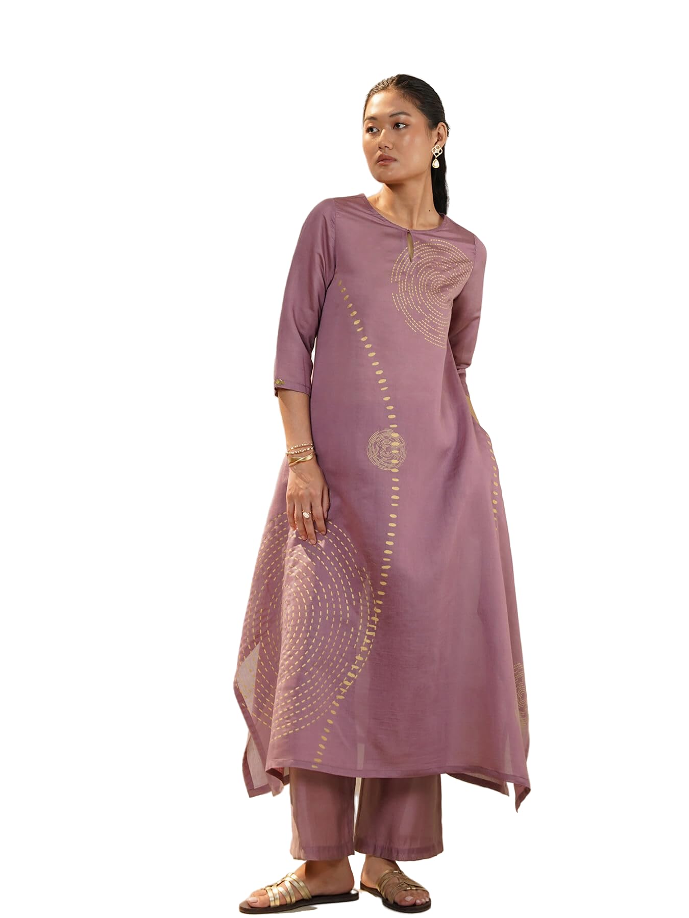 pink fort Women Kurta Pant Set Festive | A-Line Fit Round Keyhole Neck 3/4 Sleeve Geometric Foil Print | Premium Fabric For Ethnic Wear & Traditional Celebrations-picture-32
