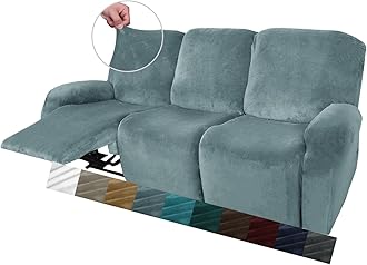 MAXIJIN 8 Pieces Recliner Sofa Covers, Stretch Velvet Reclining Couch Covers for 3 Cushion Furniture Covers, Thick, Soft, Washable Reclining Sofa Slipcovers (Sofa Recliner, Dusty Blue)Global Recycled StandardGlobal Recycled StandardGlobal Recycled Standard