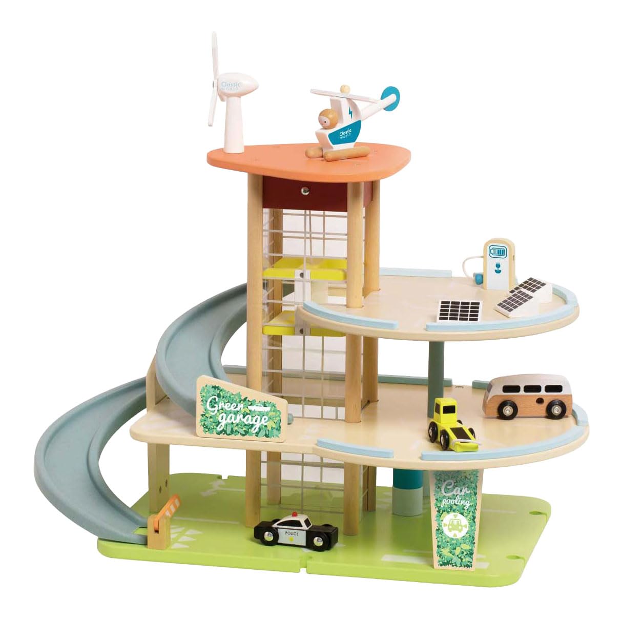 Classic World Holzspielzeug Garage nachhaltig mit Zubehör 19-teilig.