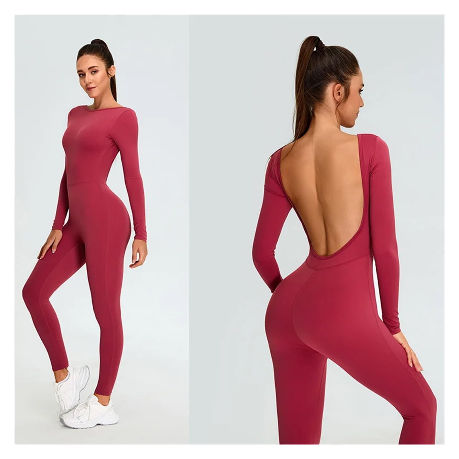 Mono de yoga sin espalda Mono de yoga una pieza con mangas largas y forma U, leggings sexys espalda abierta, ropa entrenamiento for mujer, fitness Para Entrenamiento
