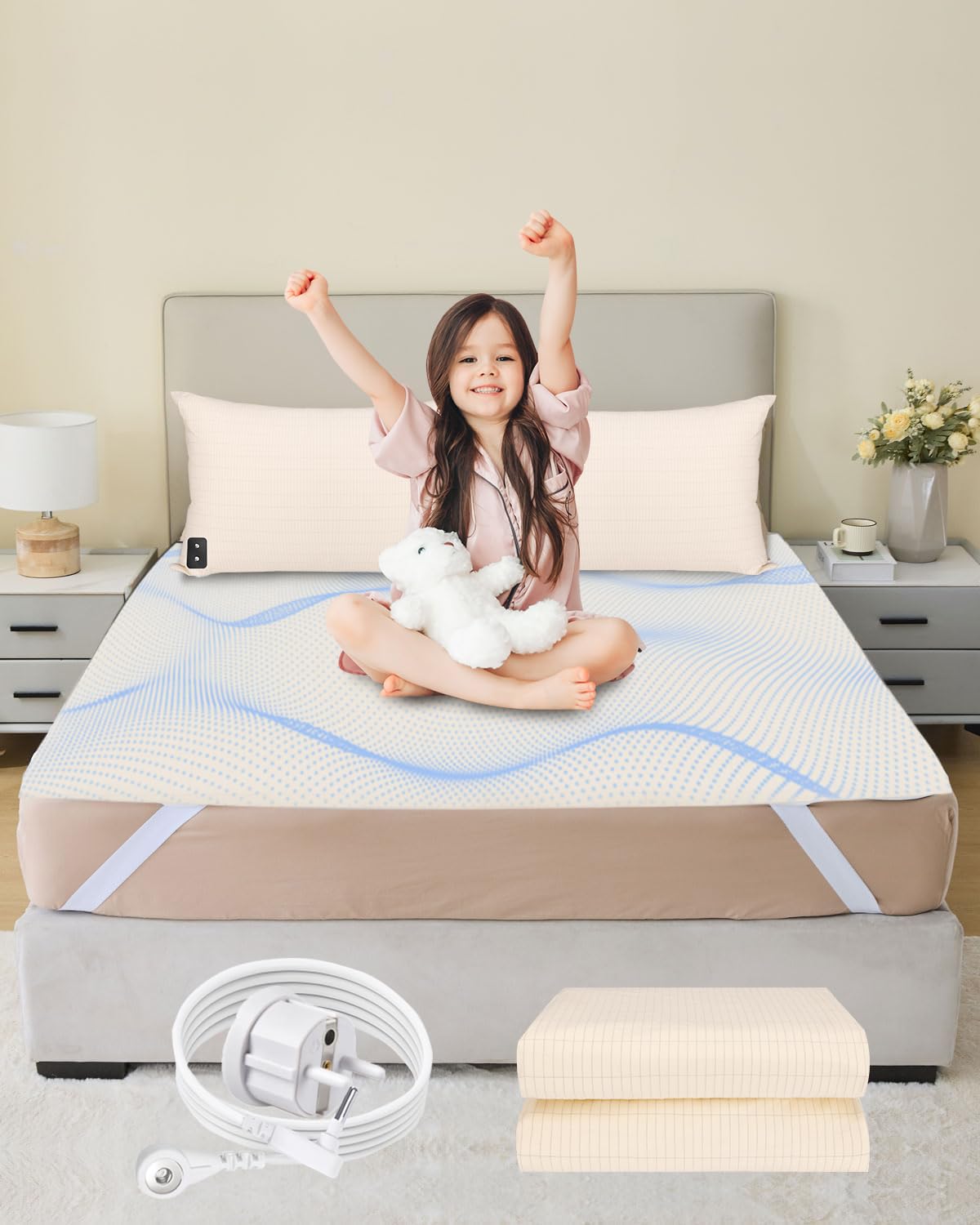 Drap plat 200x200cm conducteur d'exception en coton bio beige et argent