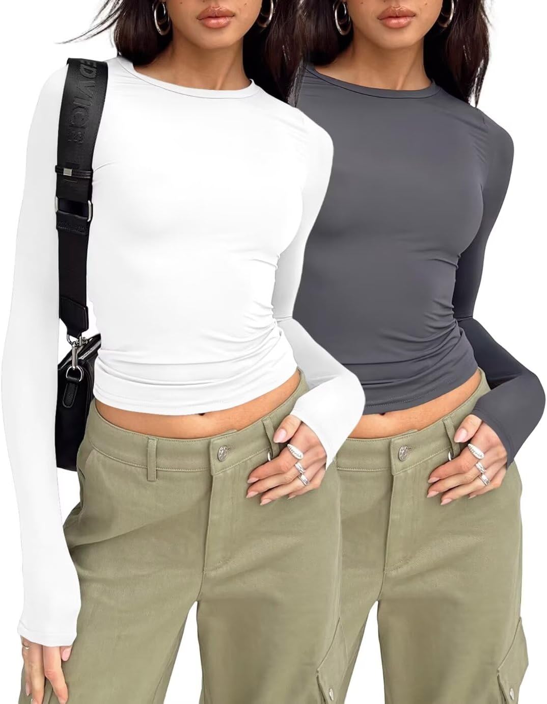 LACOZY 3 Pack Women Basic Long Sleeve Crop Tops Solid Y2k Going Out Tee Shirt Casual Crew Neck Tight Top