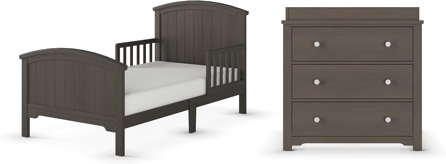 Child Craft Hampton Toddler Bed and Dresser Bedroom Furniture Set, 2 Piece, Low to Ground Design (Cool Gray)