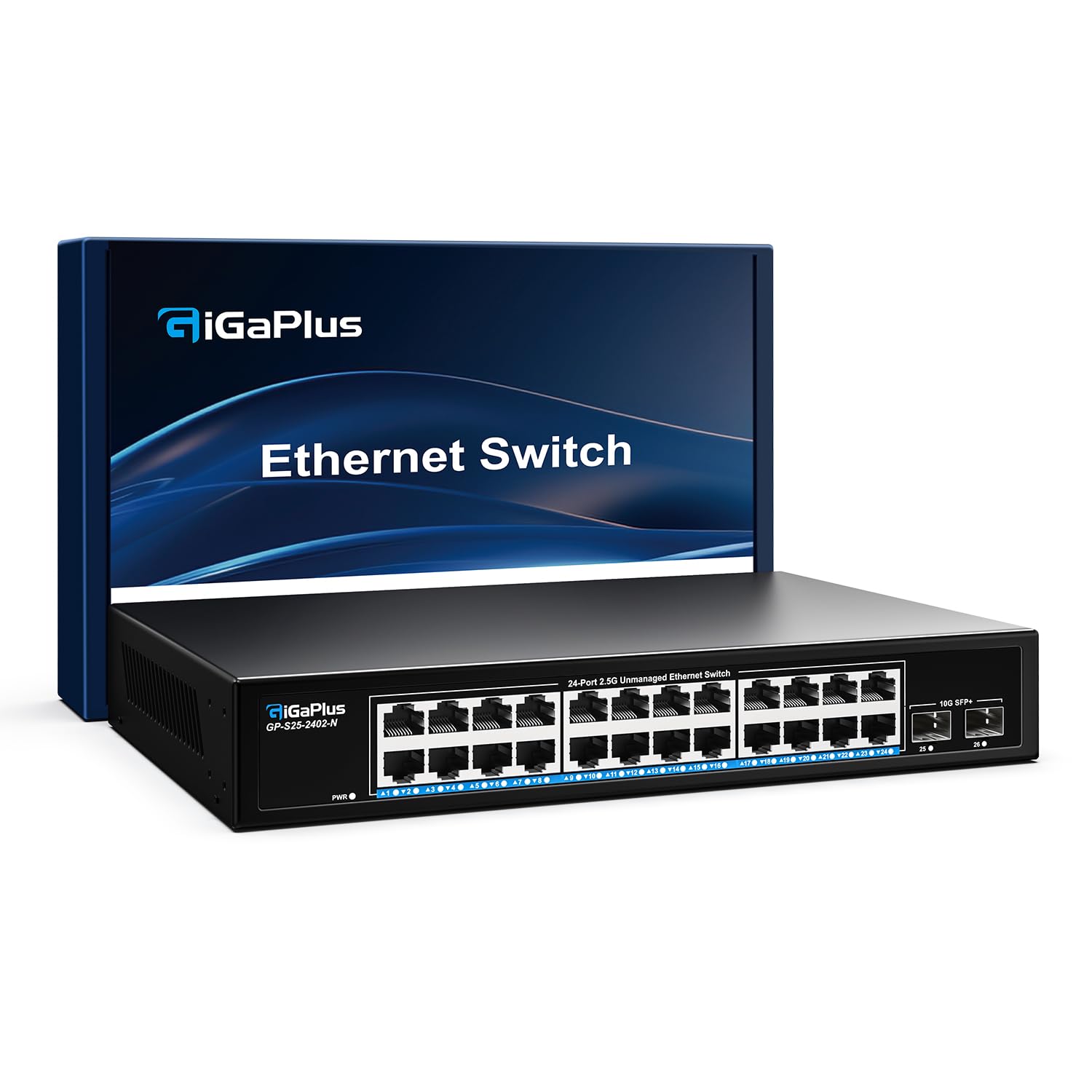 26 Port 2.5Gb Unmanaged Ethernet Switch with 24* 2.5G Base-T Ports, 2* 10G SFP+ Ports. GiGaPlus 2.5Gbps Network Switch for 2.5Gbps NAS/PC, WiFi6 Router, Wireless AP. Fanless Design, Plug and Play