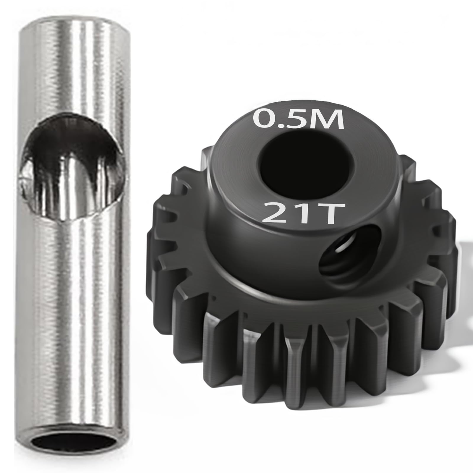 0.5M Pinion Gear 21T Hardened Steel 3.175mm Bore with 2.3mm Adapter, Precision Motor Gear for ARRMA 1/14 Typhon 1/16 Mojave 1/18 Granite, Losi 1/12 NASCAR, 0.5Mod Gear 13T-27T for HOBBYWING Motors