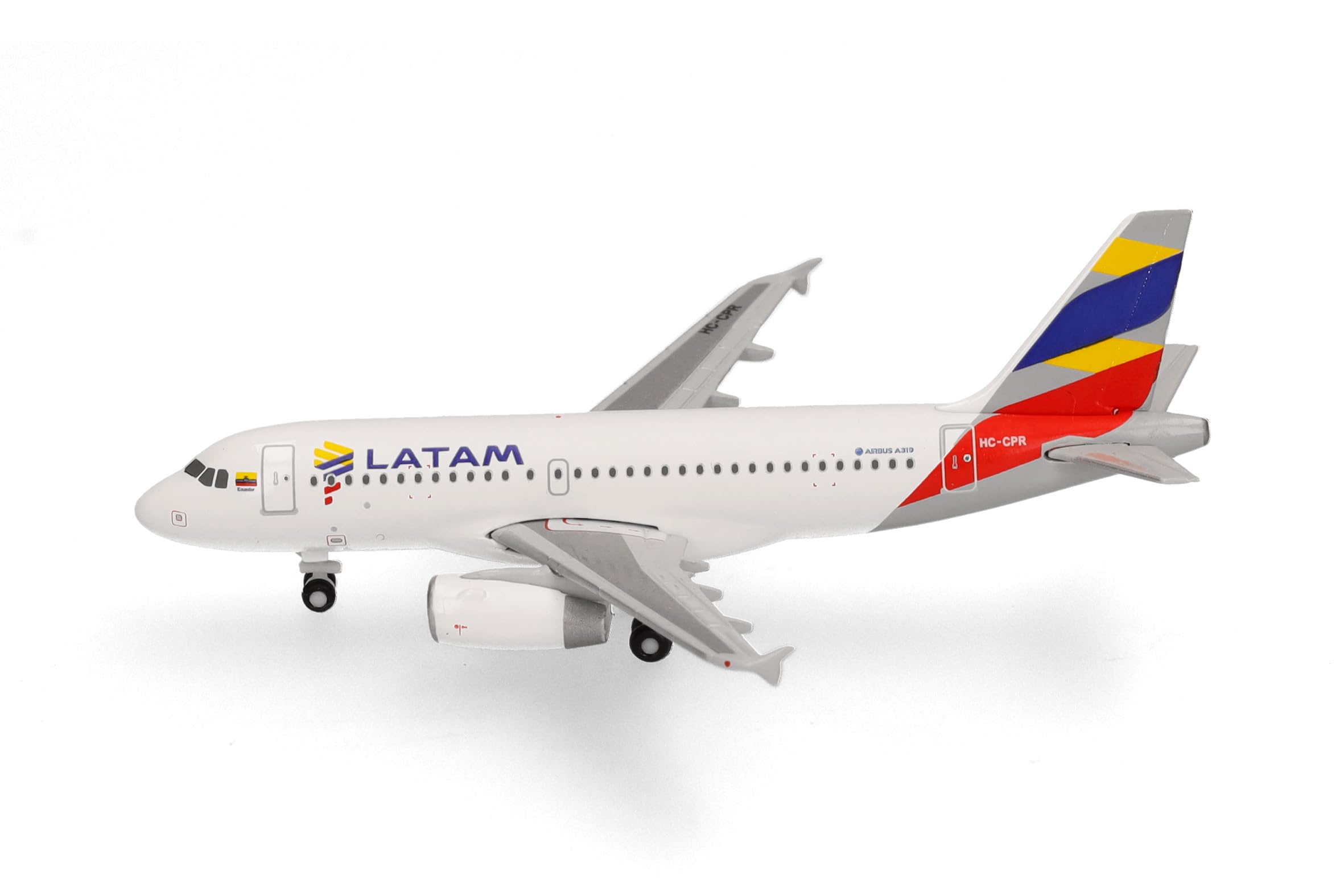 Herpa Miniatura del avión LATAM Airlines Ecuador Airbus A319 – librea Bandera Ecuador, Escala 1/500, maqueta de colección, modelismo, avión sin Soporte, Figura Metal