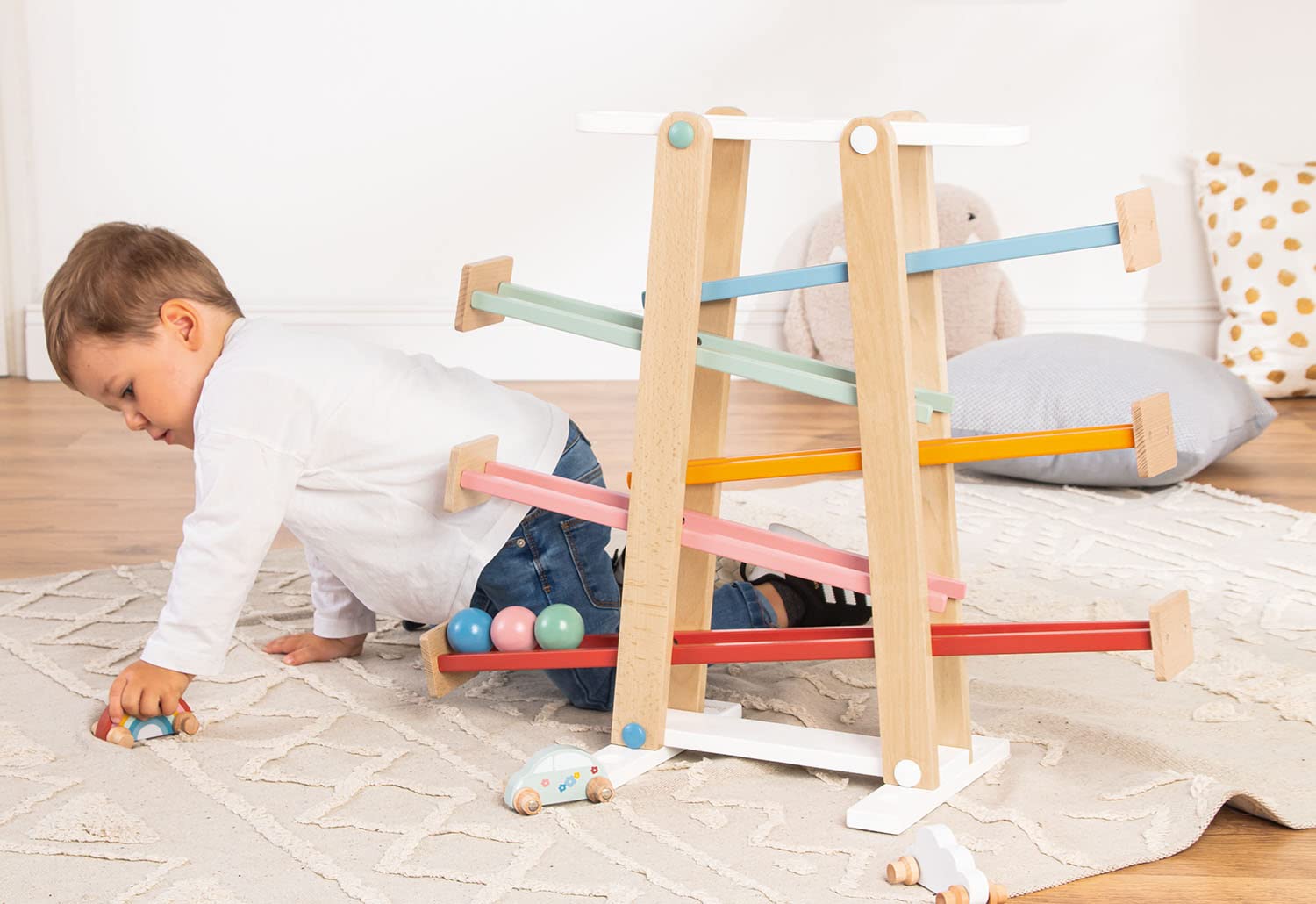 PINOLINO Regenbogen Kugelbahn Kuno, 8-teilig, aus Holz, L 68, B 25, H 56 cm, für Kinder von 3 – 6 Jahren