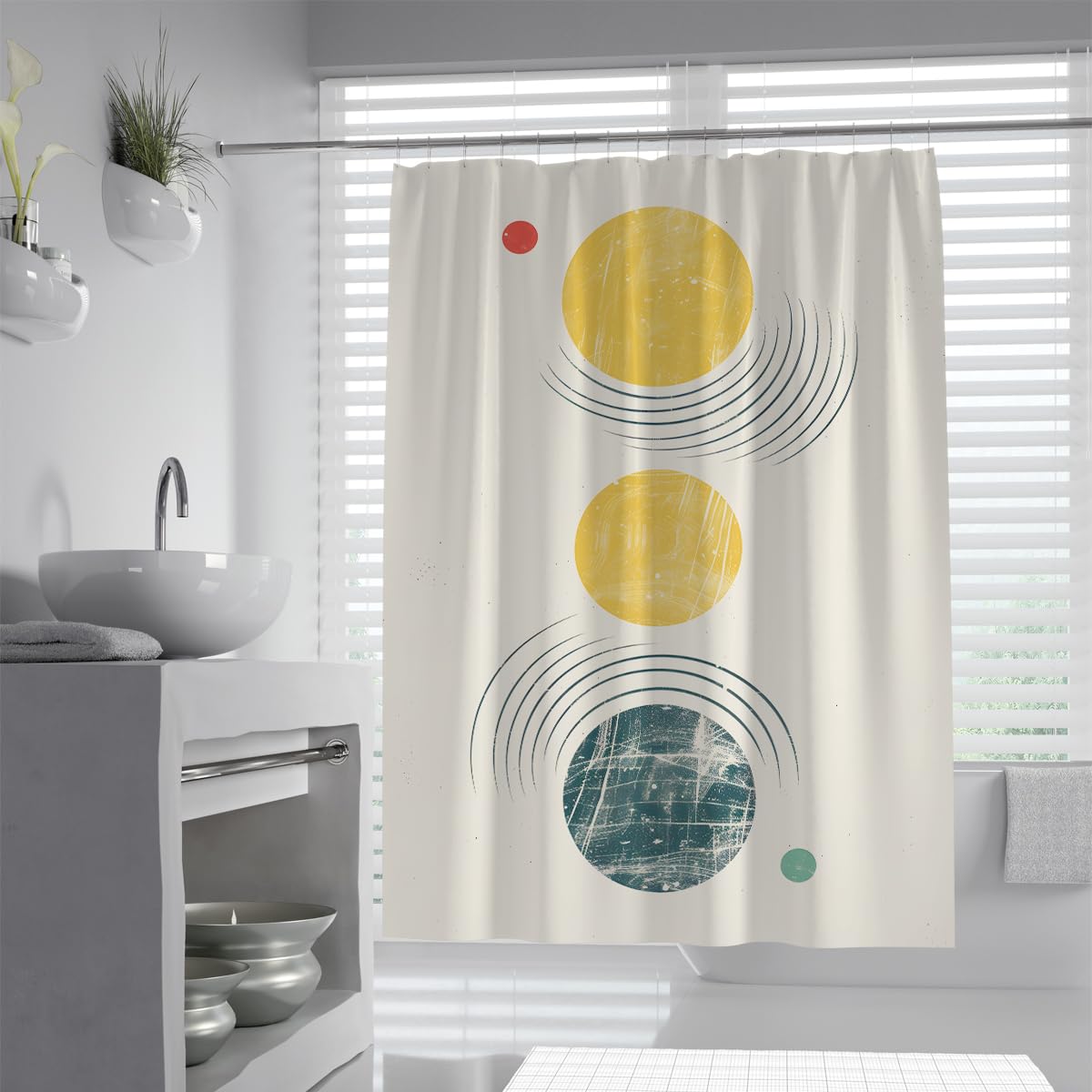 UIRINGART Geometric Shower Curtain W120xL180cm Mid Century Modern Retro Yellow Blue Circles Lines Bathroom Curtain Waterproof Washable Anti Mould Bathroom Tub Divider