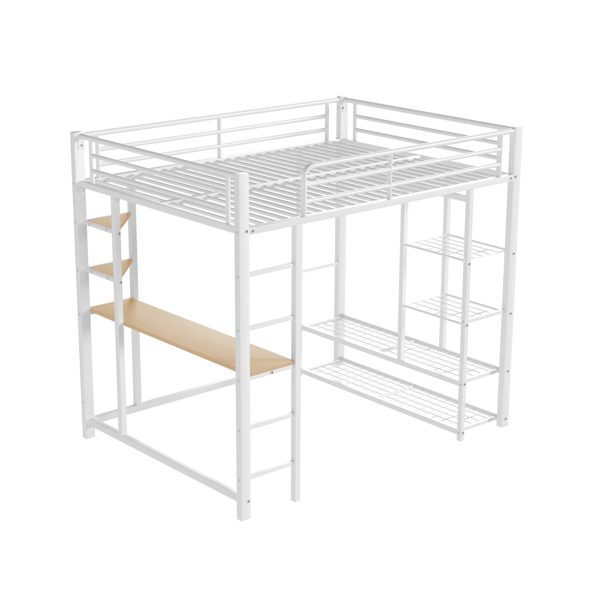 Dolamaní Letto a soppalco 90 x 200 cm, con scrivania e mensola, per ragazzi e adulti, capacità di carico 120 kg, letto in metallo con rete a doghe, stabile e aperto, bianco