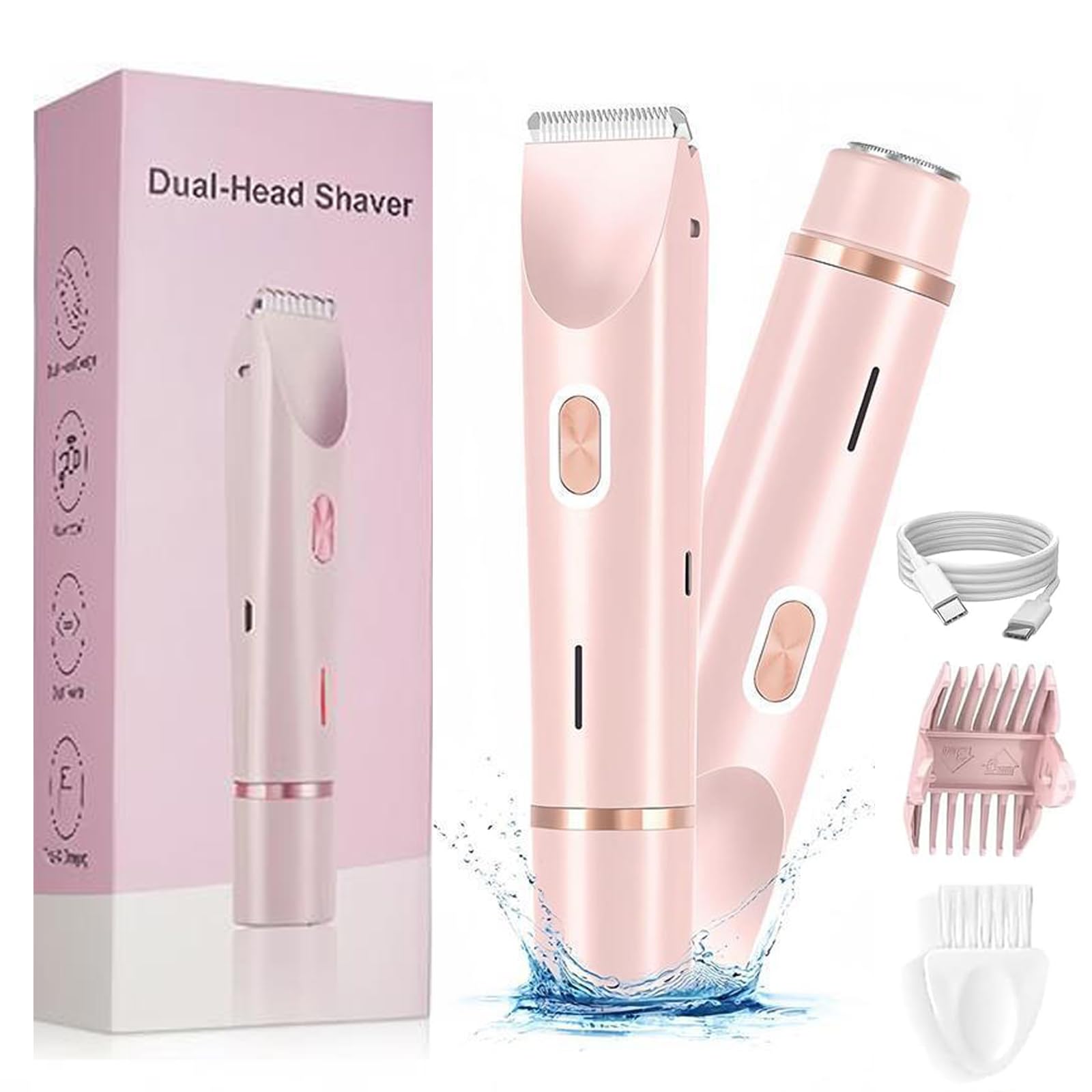 Glowshave - Rasoio Aura 2 in 1 per barba, gambe, braccia, ascelle, pubica, ricaricabile USB, impermeabile IPX7, facile pulizia (2 set)