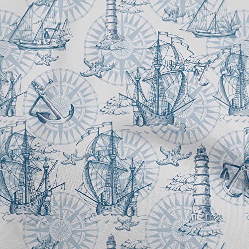 Light Blue Nautical Cotton Cambric Fabric for Crafting and Home Decor – 42 Inch Wide, Premium Quality, Printed by the Yard