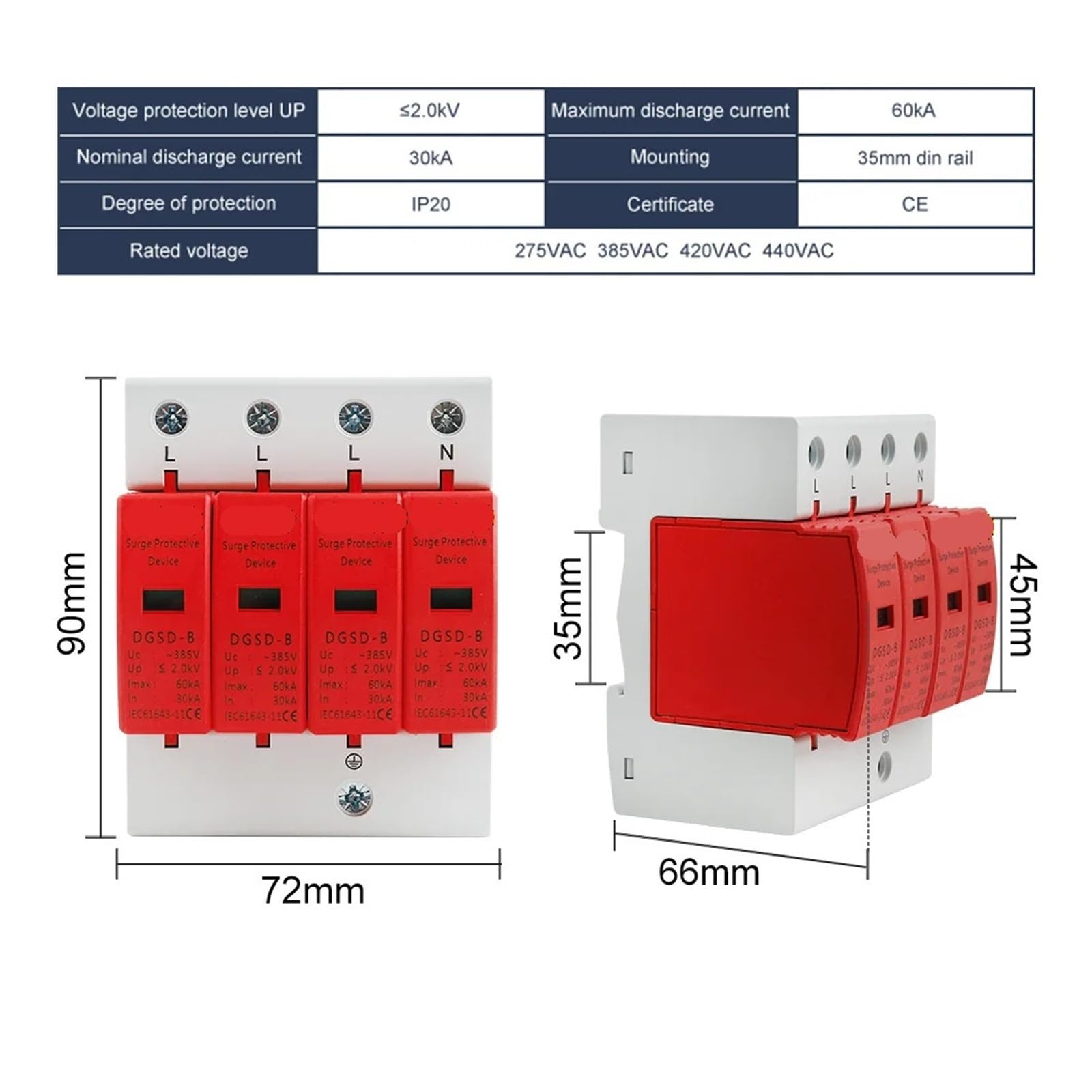 AC SPD 4P House Lightning Surge Protector 10-20KA 20-40KA 30-60KA 385V Protective Low-voltage Arrester Device 3P+N(10-20KA)