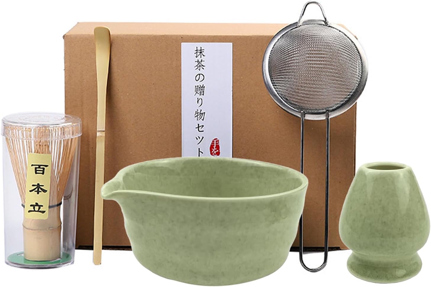 7-Piece Ceramic Matcha Whisk Set - Traditional Japanese Tea Ceremony Kit with Chasen Whisk, Chawan Bowl, Chashaku Scoop, Sifter & Towel for Beginners & Pros (Green)