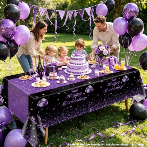 Image of 4 Pcs Happy Birthday Black and Purple Party Tablecloths - Purple Black Party Decorations Plastic Tablecloth Rectangular Table Covers for Boy Girl Baby Shower Birthday Table Supplies, 51 x 86.6 Inch