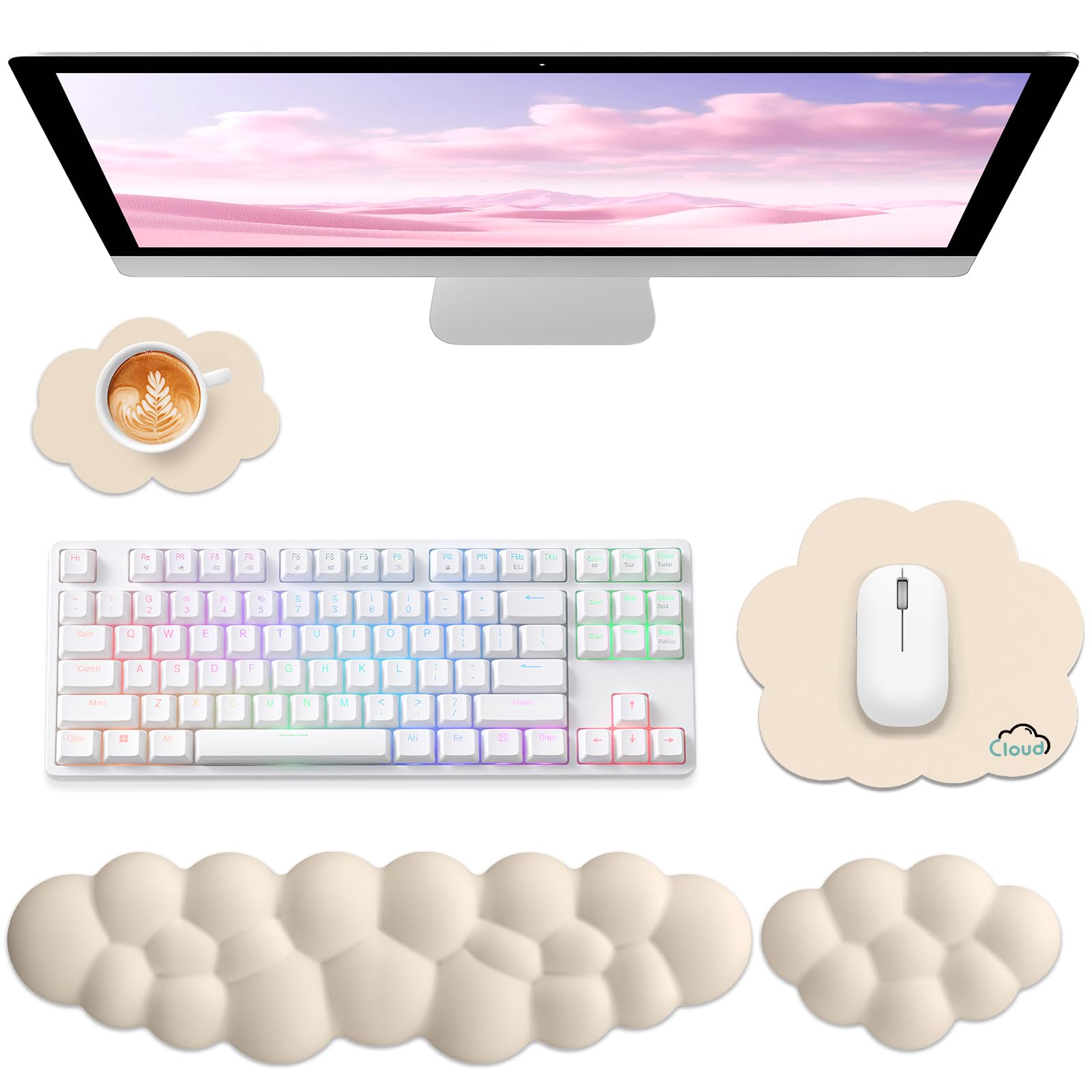 Sushret Memory‑Schaum Cloud Handballenauflage Tastatur‑Set, 4‑in‑1: Ergonomische Tastatur Handballenstütze & Mauspad, rutschfest, für Office, Gaming und Home‑Office