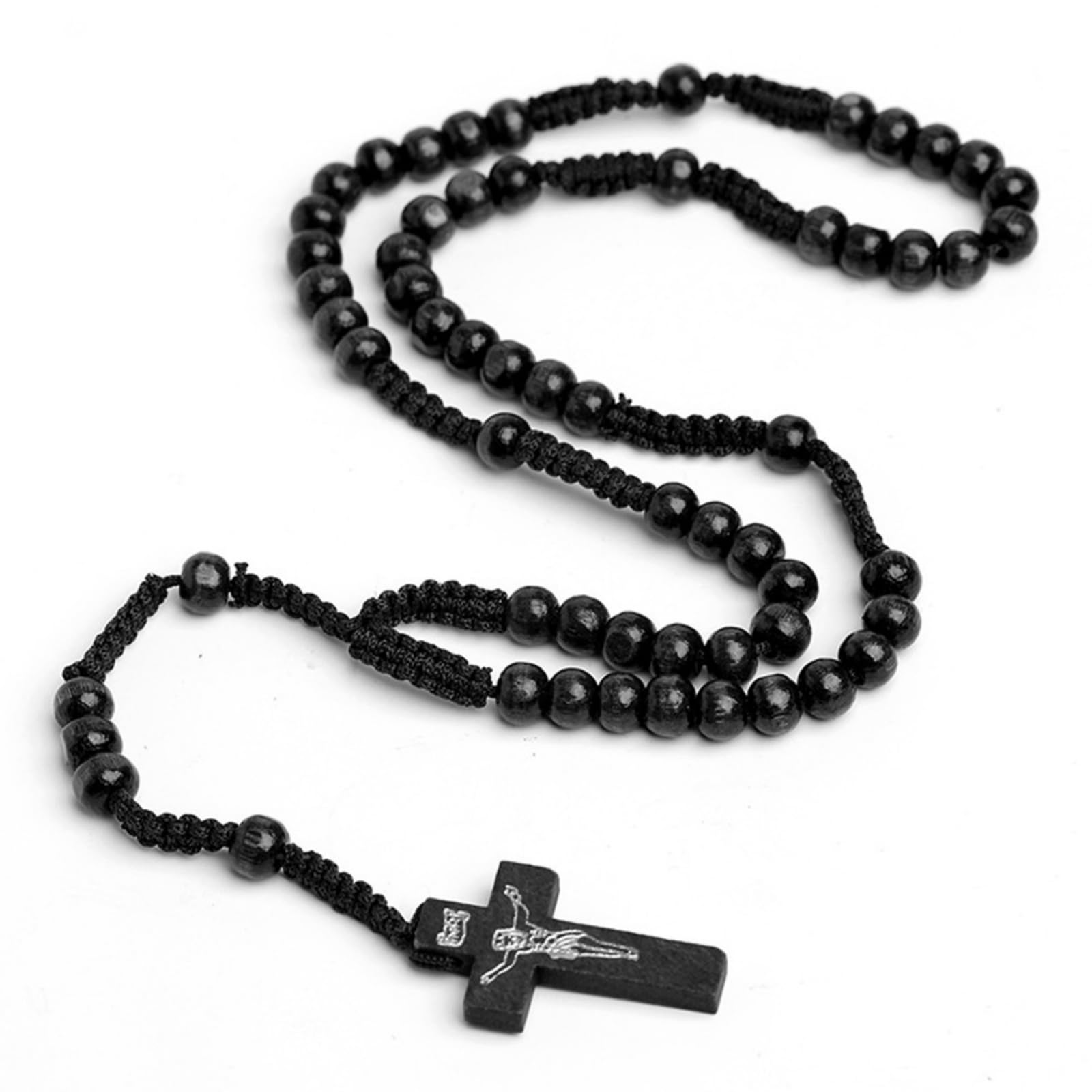 Aoxmas Catholic Wooden Rosary Necklace with Jesus Crucifix,Handmade Prayer Beads for Men and Women