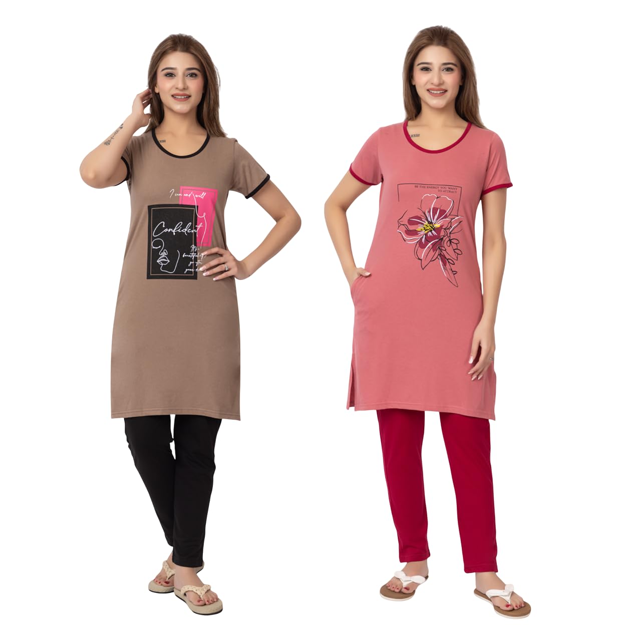 Summer Wear Casual Combo of Nightwear Round Neck Cotton Blend Comfortable and Breathable Sleepwear |Top and Bottom Set| Nightsuit for Women's (Pack of 2)-image-46
