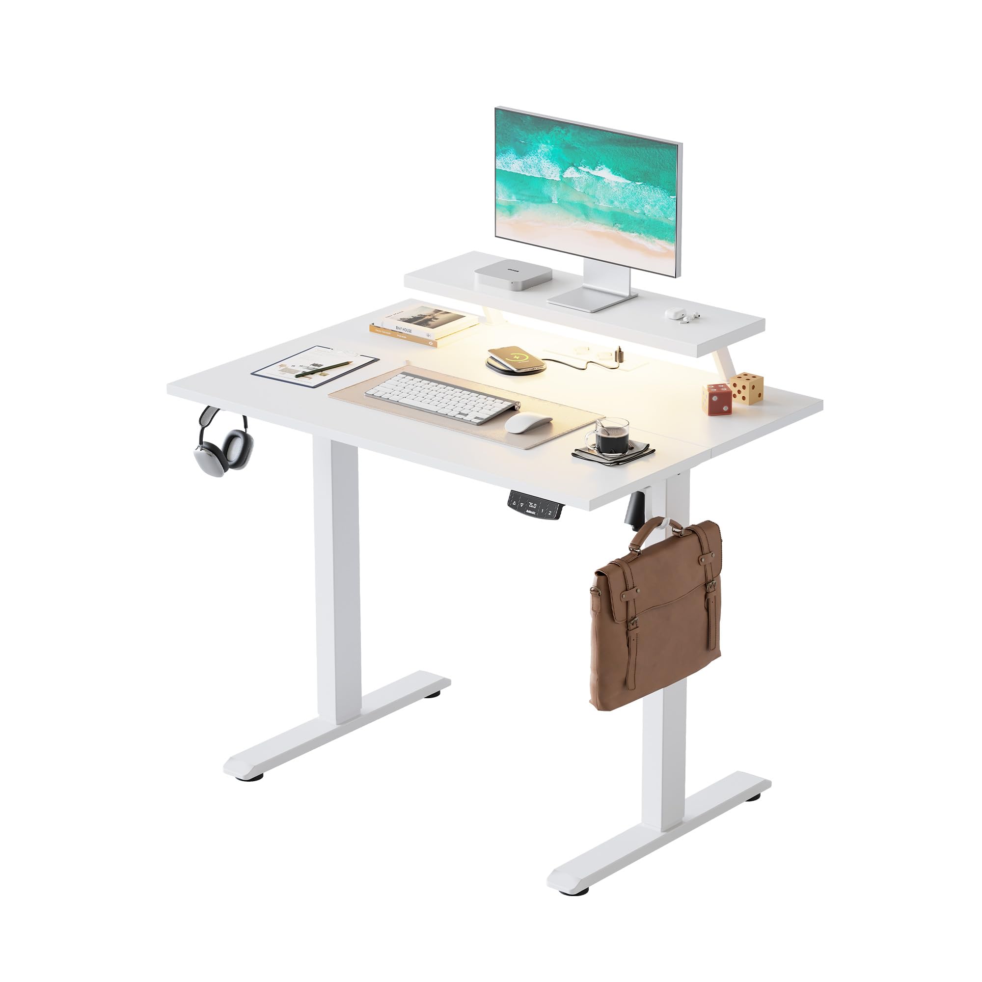 Agilestic Electric Standing Desk with Movable Monitor Stand, Height Adjustable Desk with 2 Memory Buttons, 100 x 60 cm with LED Strip Light and USB-C Port, for Home Office, White