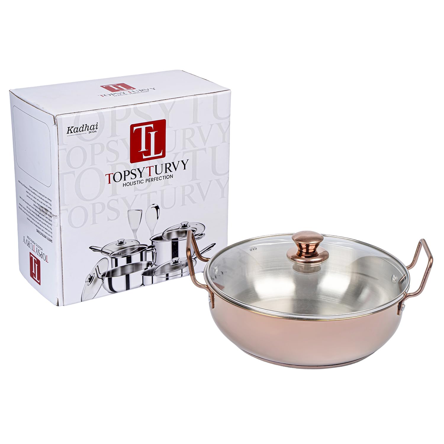 TOPSYTURVY Stainless Steel Copper PVD Kadhai with Glass Lid 24 CM | Induction & Gas Compatible | Heavy Bottom Cookware for Healthy Cooking 3 Liter Capacity 3