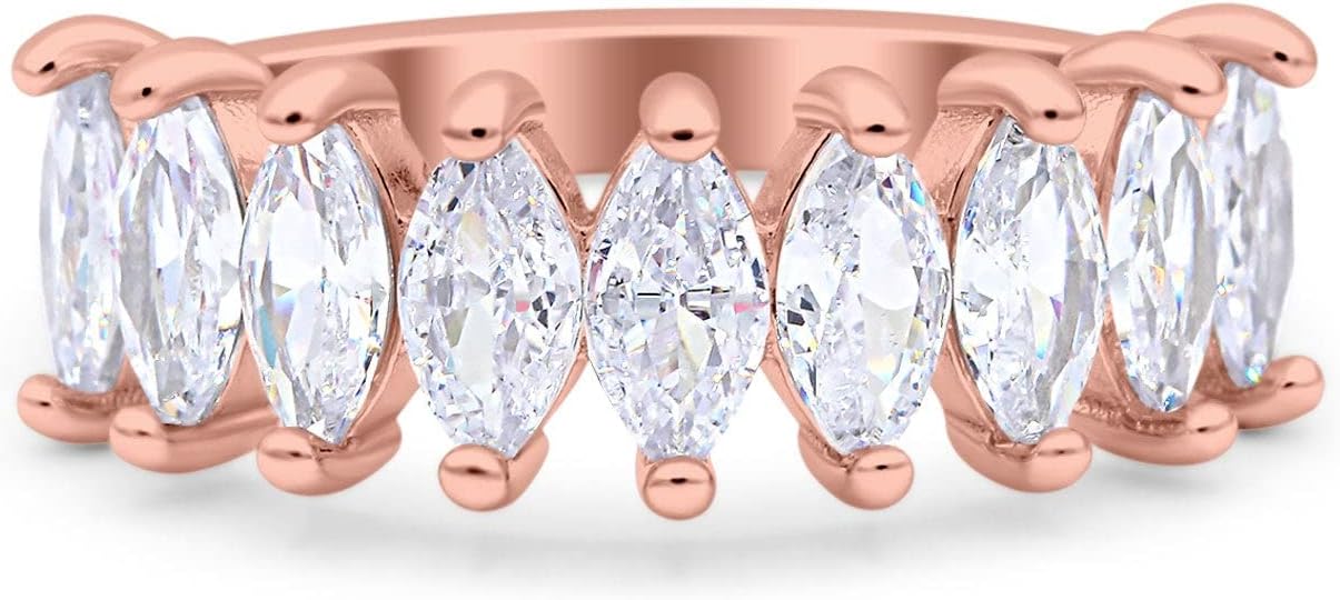 Blue Apple Co. Art Deco Half Eternity Marquise Ring Wedding Engagement Band Simulated Cubic Zirconia 925 Sterling Silver (7mm)