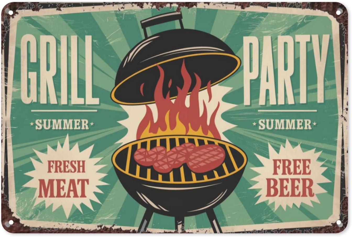 SMAZDFXX Summer Grill Party Fresh Meat Bear Vintage Tin Sign, Retro Metal Wall Decor for Backyard, Patio, or BBQ Theme, Fun Summer Grill Party Wall Art Poster 5.5"x8"