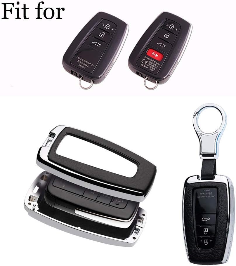 ontto 3 Button Key Fob Cover 360 Degree Full Protector Smart Key Holder Leather Metal Key Shell Fit for Toyota Camry Blue