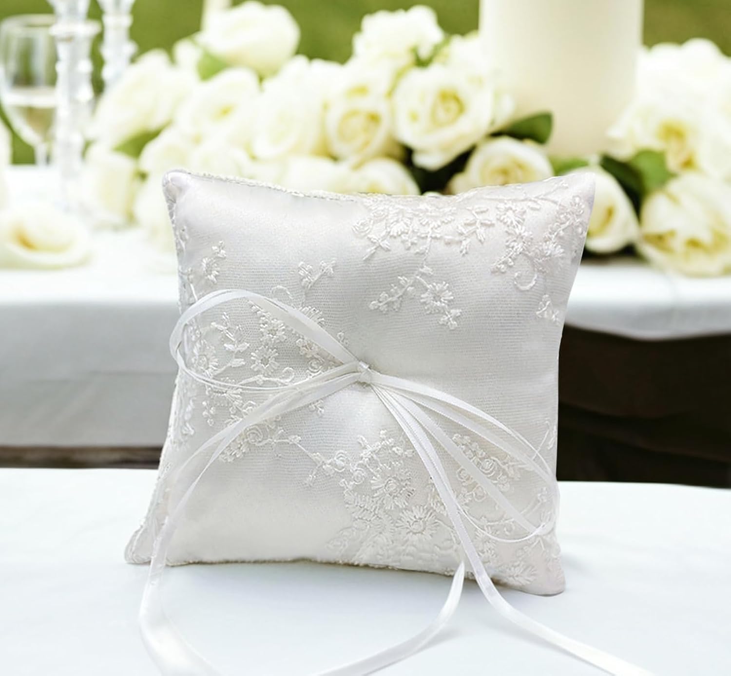 Wedding Ring Bearer Pillow, White Satin with Floral Lace Embroidery and Ribbon Bow, Square 6 x 6 inches for Beach Proposal Ceremony Party
