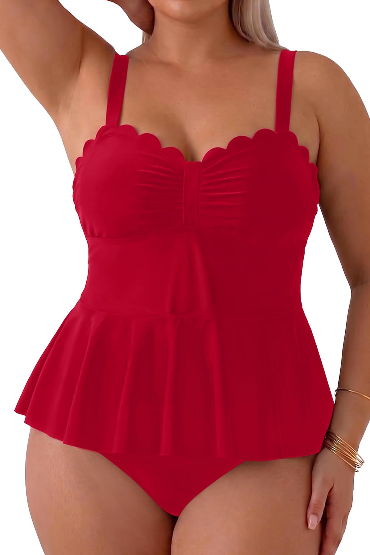 Women Plus Size 2 Piece Tankini Swimsuits Tummy Control Bathing Suits Peplum Swimwear Scalloped Swimsuits-image-45