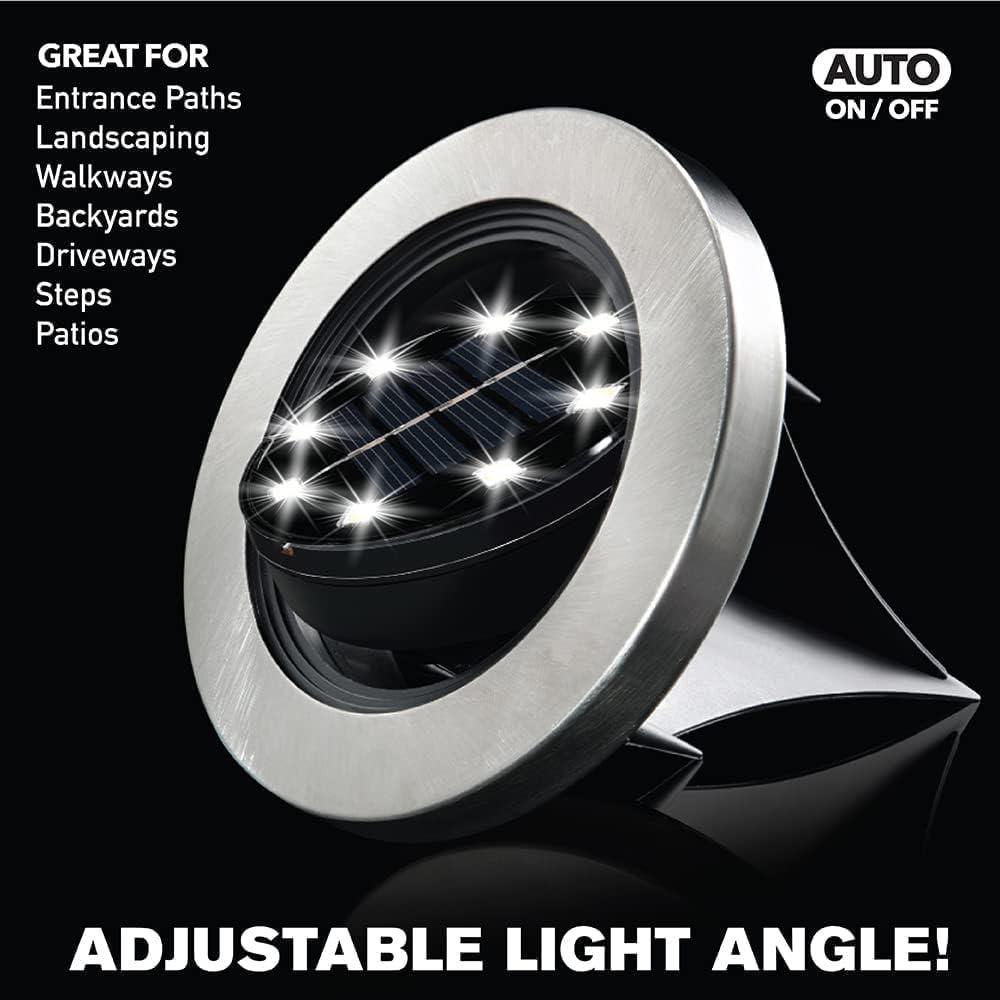 Bell+Howell Luces de disco giratorias, alimentadas por energía solar, 8 LED, iluminación plana y de paisaje para exteriores, patio, jardín y césped, inalámbricas, fácil instalación, estacas incluidas