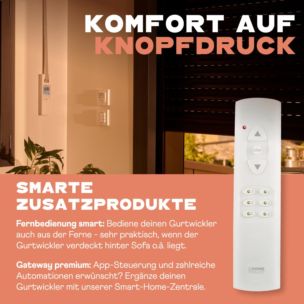 Home Pilot Rollladen Set: RolloTron pure smart Gurtwickler + Wandtaster smart zur Fernbedienung des elektrischen Gurtwicklers