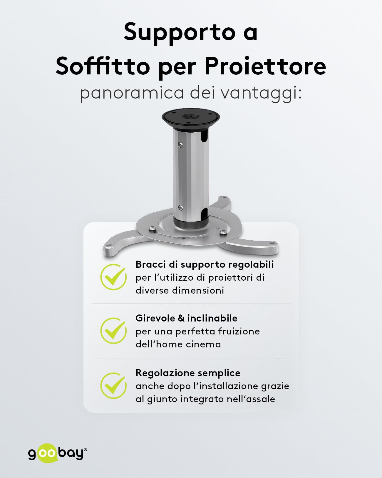 goobay Supporto Videoproiettore Soffitto Universale Fino a 10 kg Interasse 130-320 mm Inclinabile 360 Gradi Girevole Argento - 51905